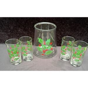 Vintage Bartlett-Collins Christmas Holiday Glasses & Cookie Jar Holly & Berries